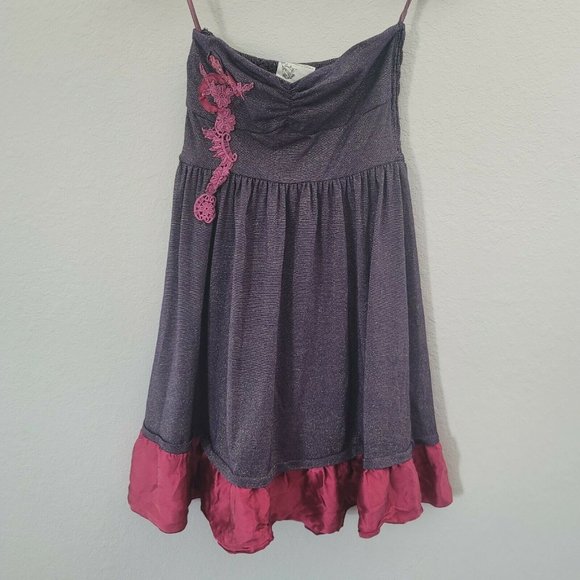 FREE PEOPLE Dress Purple Gold Metallic Strapless Floral Appliqué Ruffle Hem Sz 0 - Picture 7 of 7
